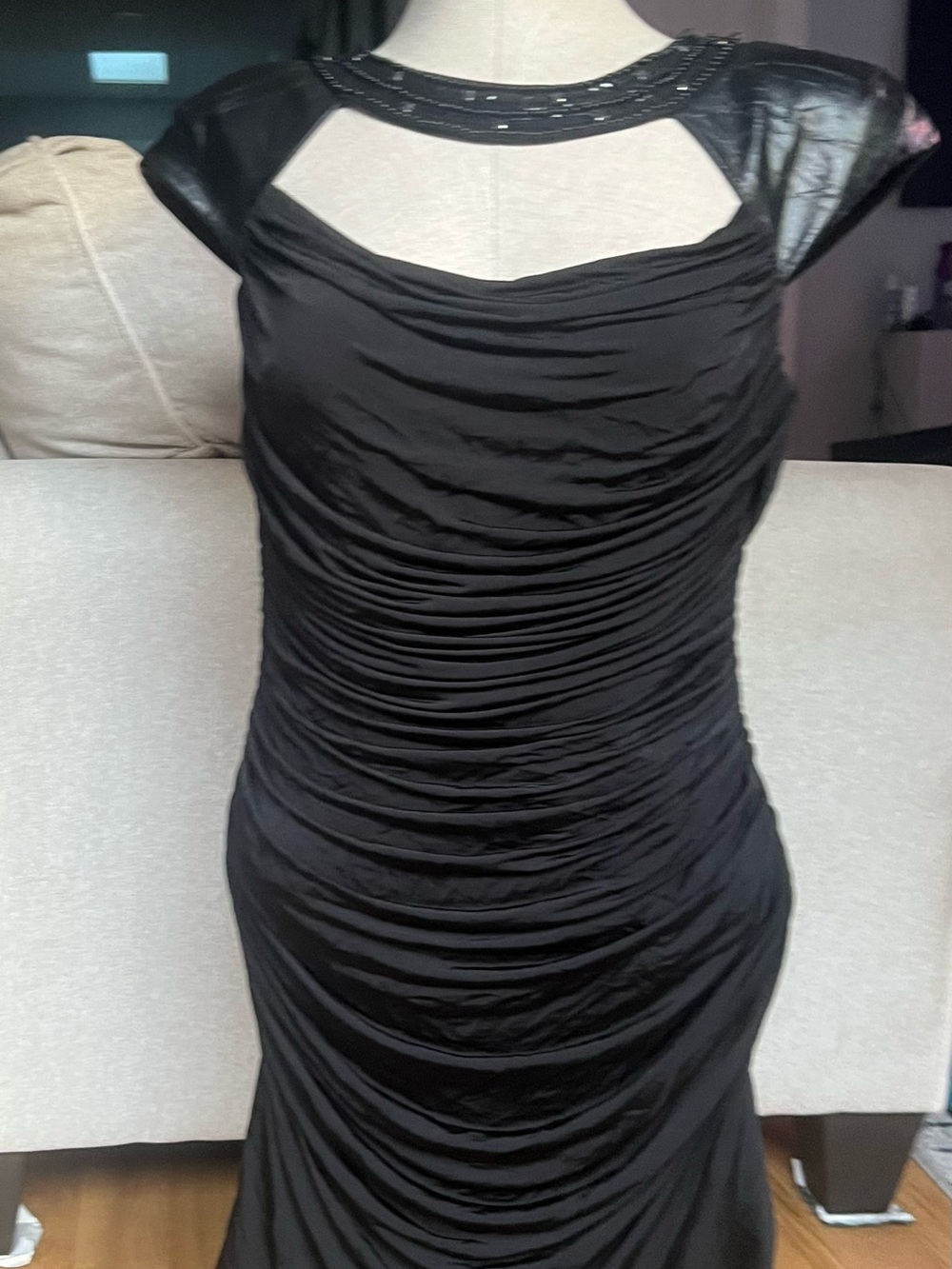 Black Ruched Cap-Sleeve Evening Dress with Beaded Neckline